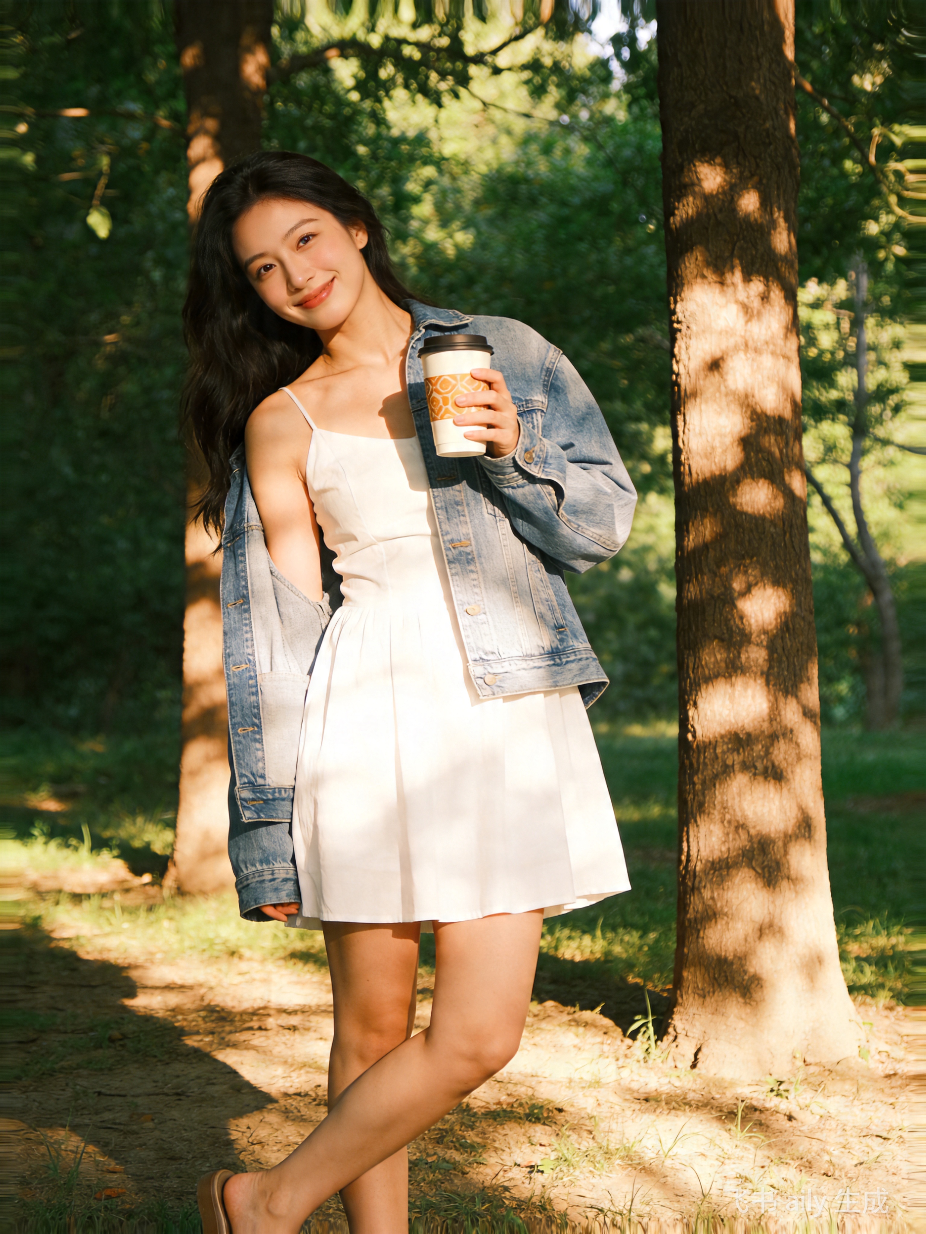 树荫下拿咖啡拍照